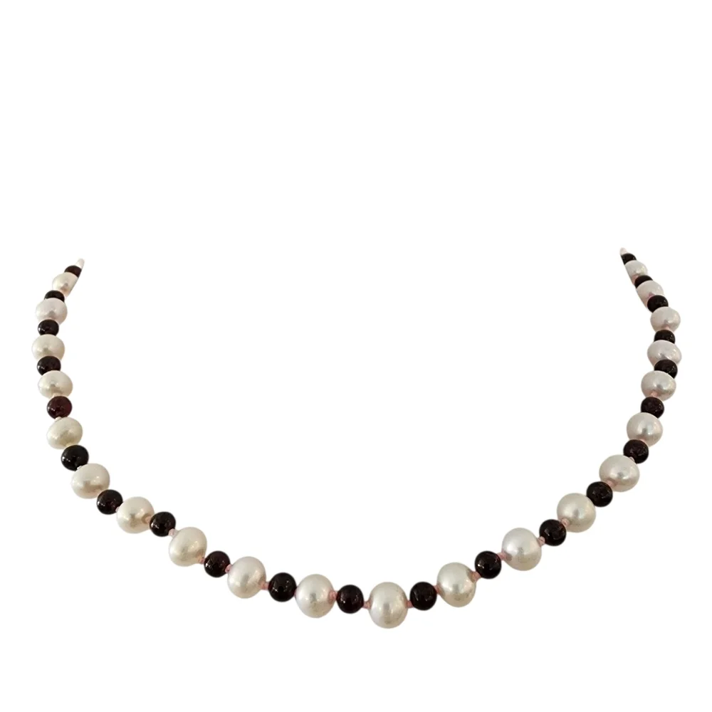 Necklace and bracelet genuine pearls 925 sterling silver garnet hand knotted